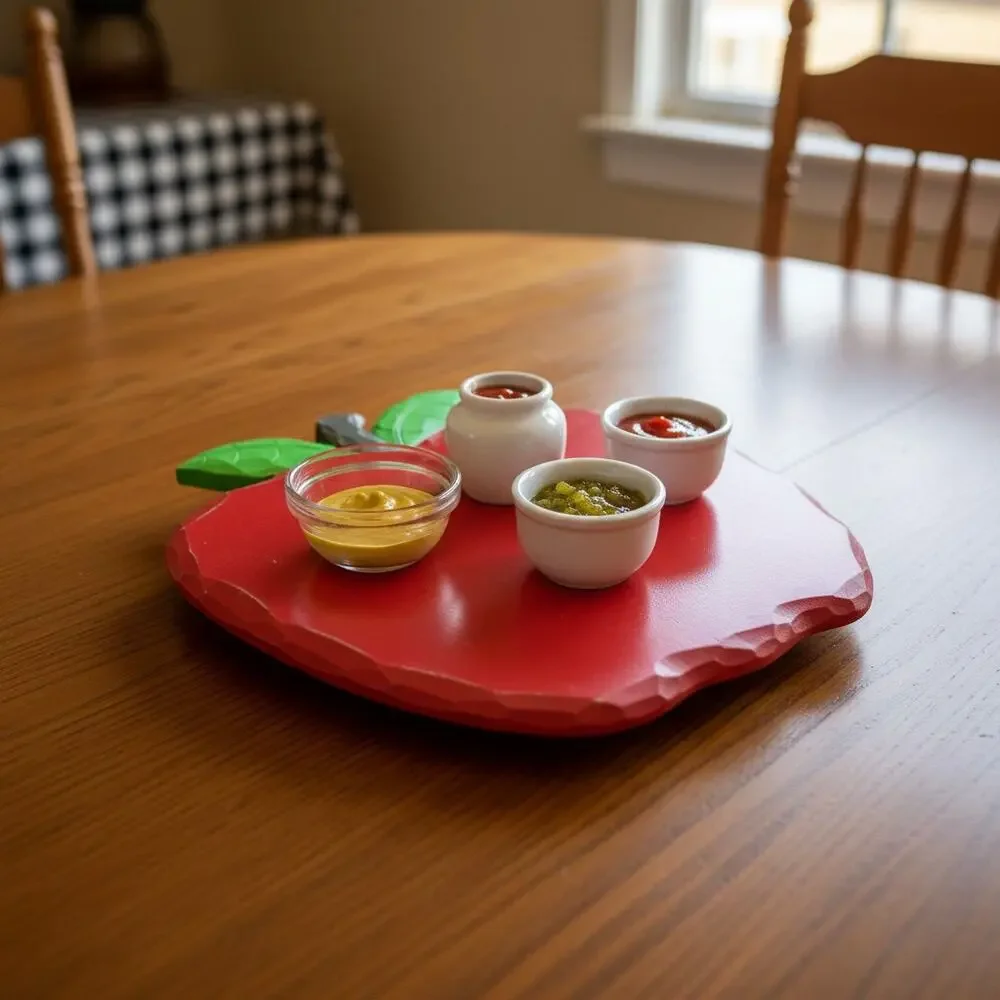 Vintage Wooden Apple Lazy Susan-Red Painted-Folk Art-Farmhouse Kitchen-Country